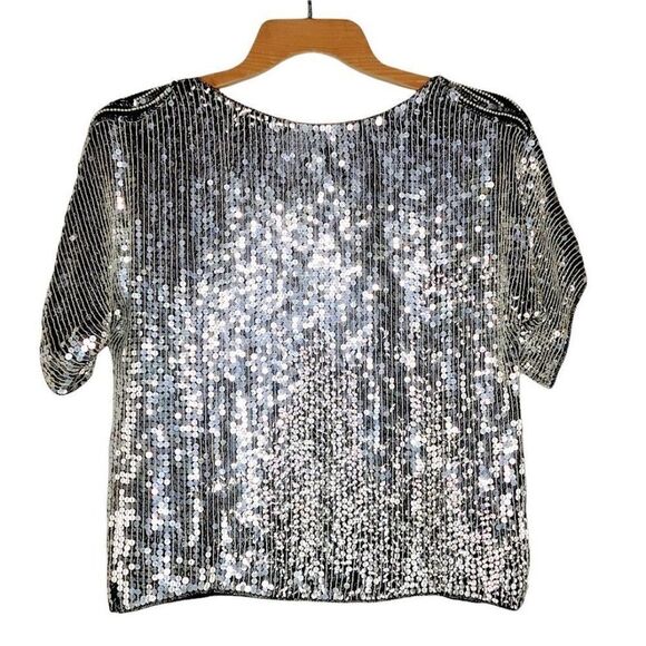 JLB Women's Silver Sequin Blouse Top Size Small 100% Silk Floral Short Sleeve - Picture 3 of 8